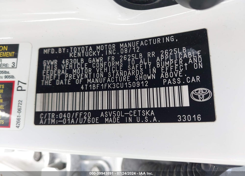 2012 TOYOTA CAMRY SE VIN: 4T1BF1FK3CU150912