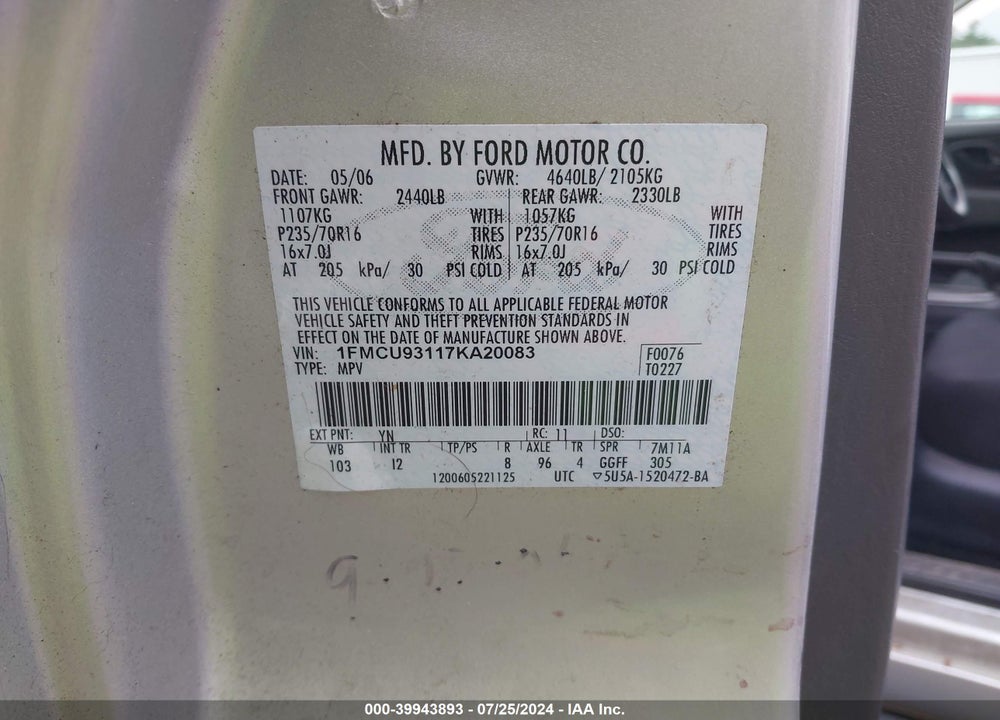 2007 FORD ESCAPE XLT/XLT SPORT VIN: 1FMCU93117KA20083