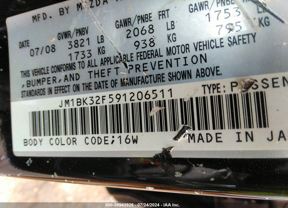 2009 MAZDA MAZDA3 VIN: JM1BK32F591206511