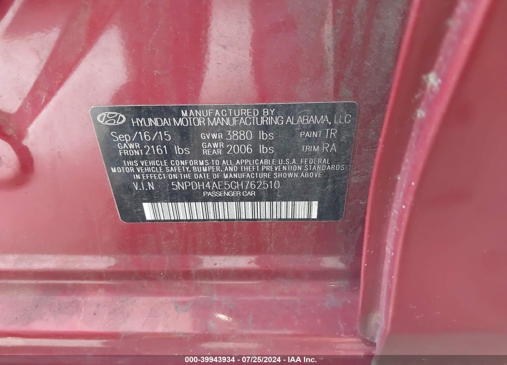 2016 HYUNDAI ELANTRA SE VIN: 5NPDH4AE5GH762510