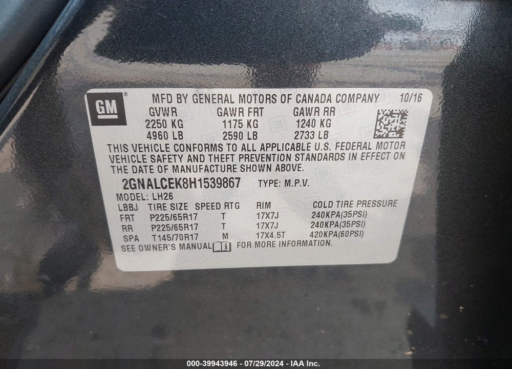 2017 CHEVROLET EQUINOX LT VIN: 2GNALCEK8H1539867