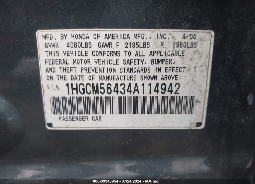 2004 HONDA ACCORD VIN: 1HGCM56434A114942