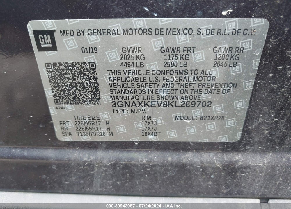 2019 CHEVROLET EQUINOX LT VIN: 3GNAXKEV8KL269702