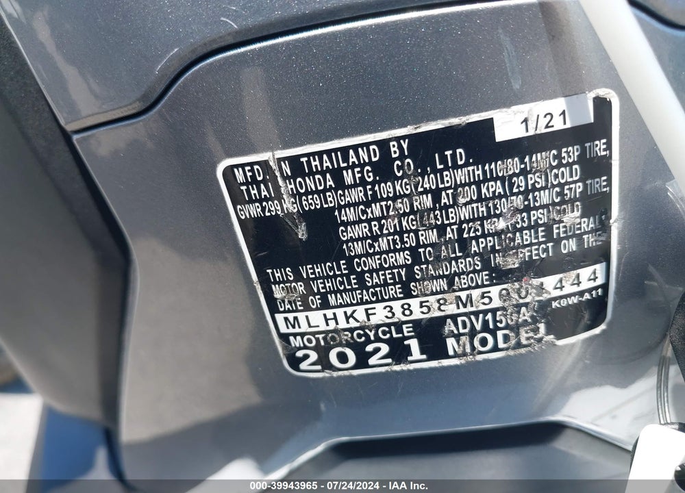 2021 HONDA ADV150 A VIN: MLHKF3858M5001444