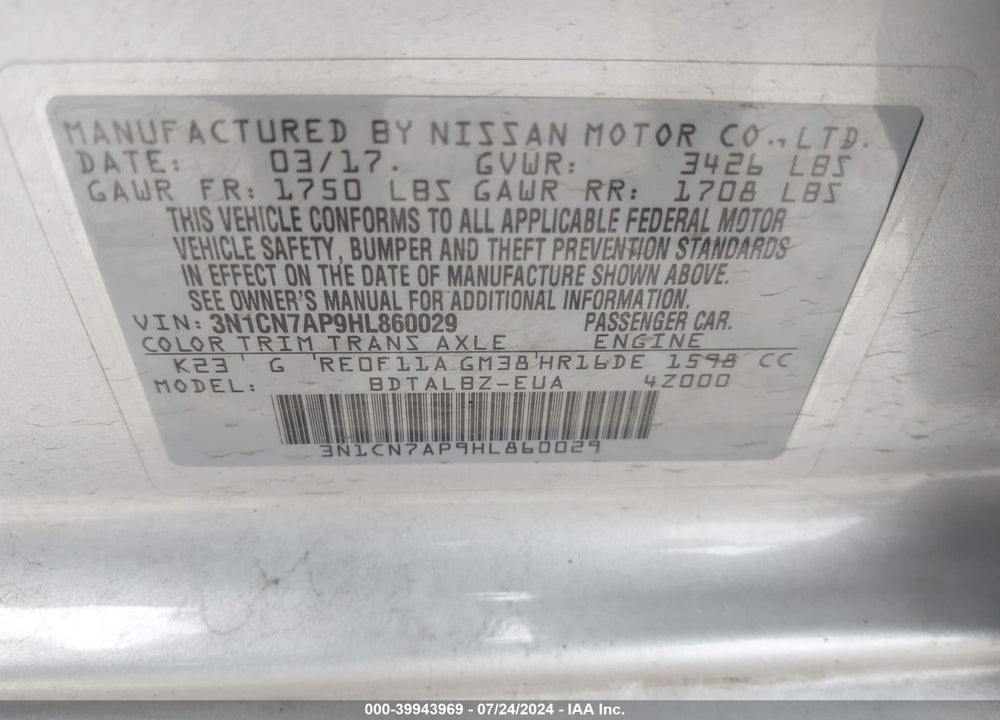 2017 NISSAN VERSA 1.6 SV VIN: 3N1CN7AP9HL860029
