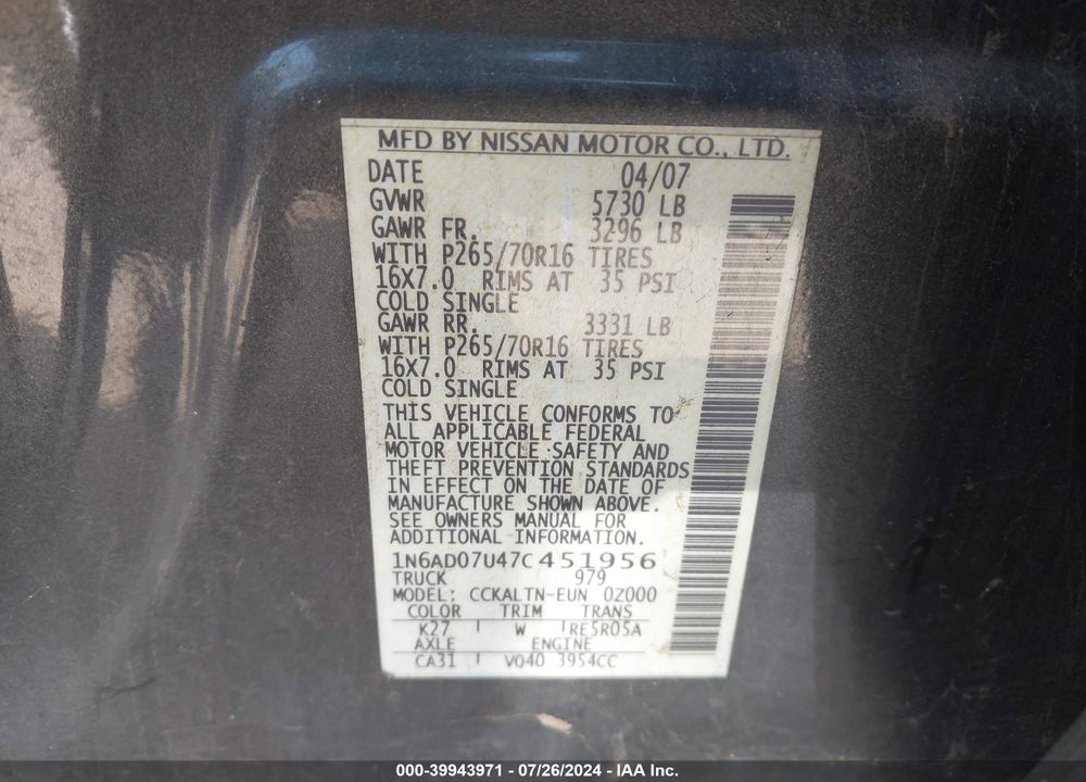 2007 NISSAN FRONTIER SE VIN: 1N6AD07U47C451956