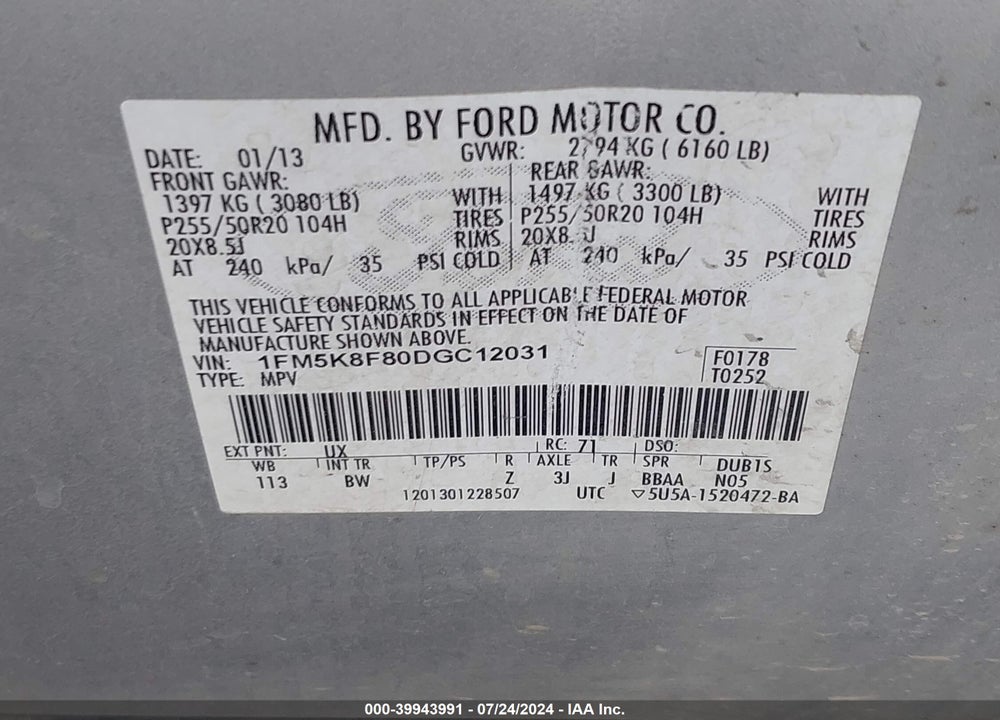 2013 FORD EXPLORER LIMITED VIN: 1FM5K8F80DGC12031