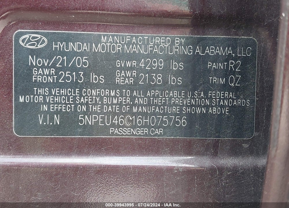 2006 HYUNDAI SONATA GLS VIN: 5NPEU46C16H075756