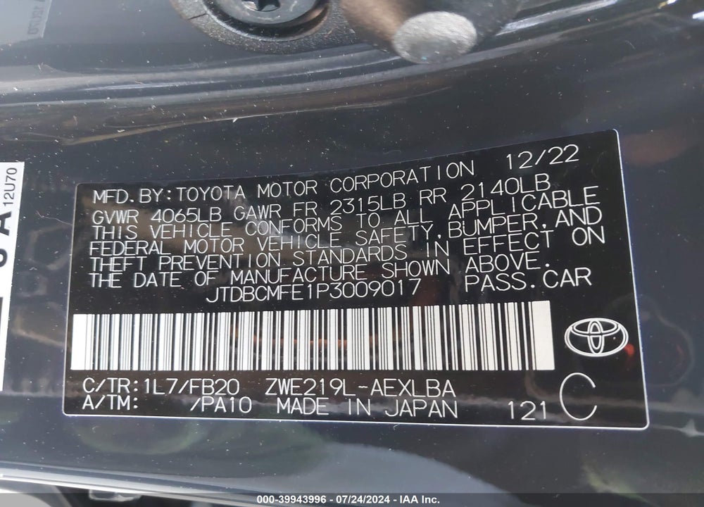 2023 TOYOTA COROLLA HYBRID LE VIN: JTDBCMFE1P3009017