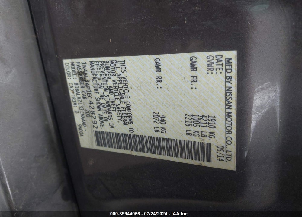 2014 NISSAN ALTIMA 2.5 SL VIN: 1N4AL3AP1EC428292