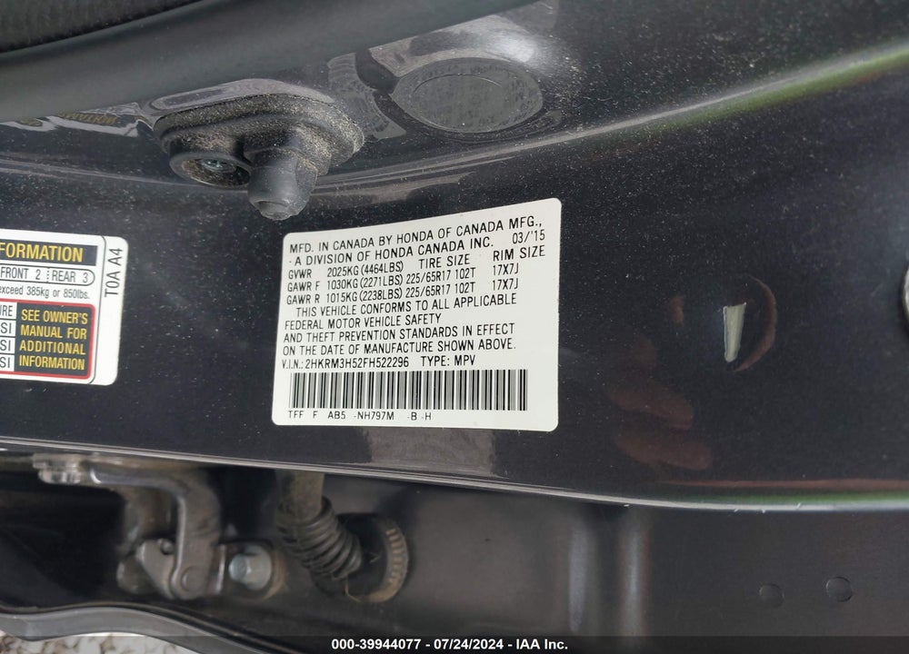 2015 HONDA CR-V EX VIN: 2HKRM3H52FH522296