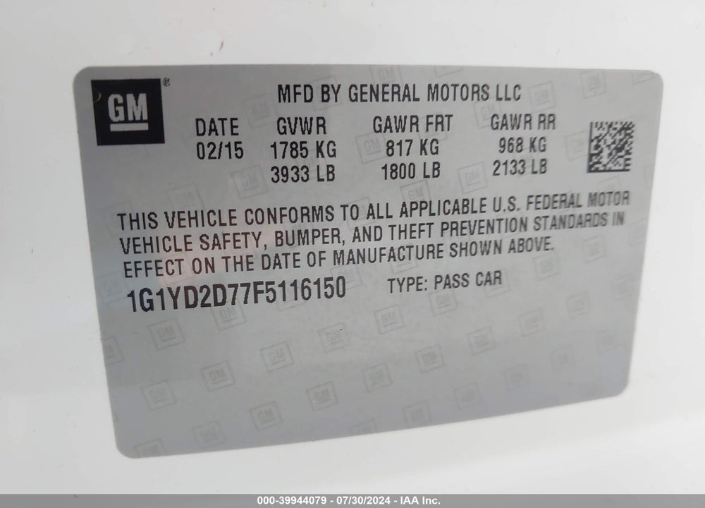 2015 CHEVROLET CORVETTE STINGRAY VIN: 1G1YD2D77F5116150