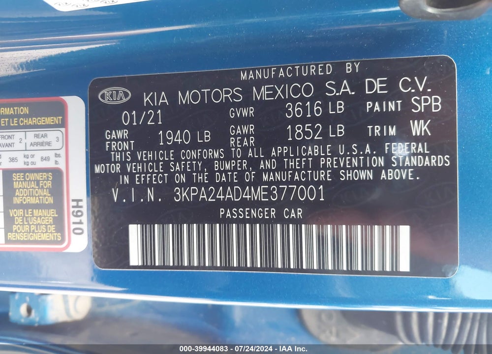 2021 KIA RIO S VIN: 3KPA24AD4ME377001