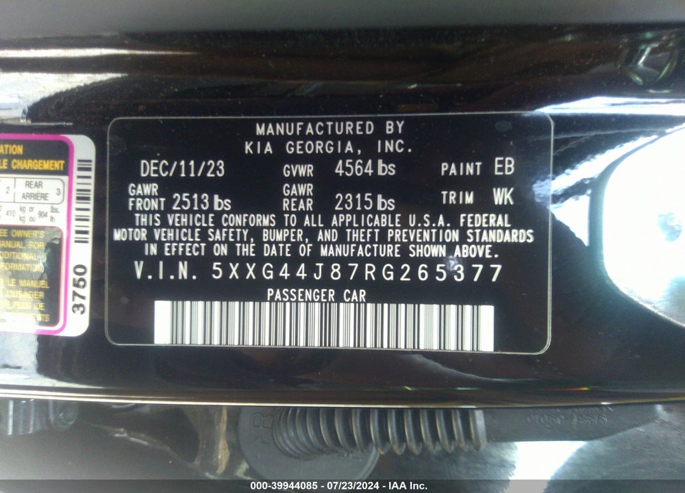 2024 KIA K5 GT VIN: 5XXG44J87RG265377