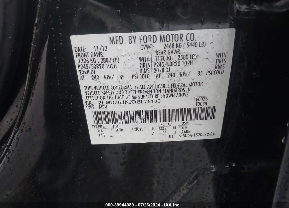 2013 LINCOLN MKX VIN: 2LMDJ6JK2DBL25190
