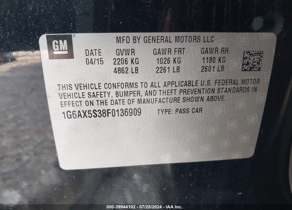 2015 CADILLAC CTS LUXURY VIN: 1G6AX5S38F0136909