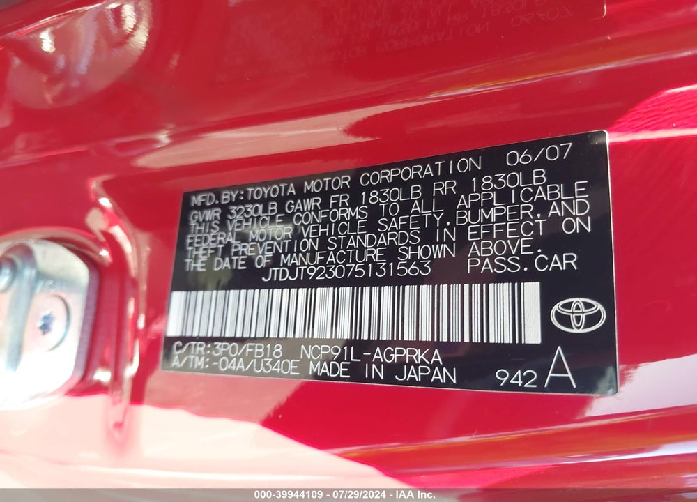 2007 TOYOTA YARIS VIN: JTDJT923075131563