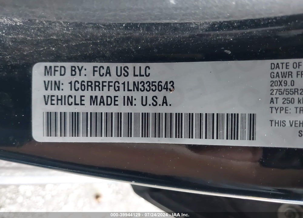 2020 RAM 1500 BIG HORN 4X4 5'7 BOX VIN: 1C6RRFFG1LN335643