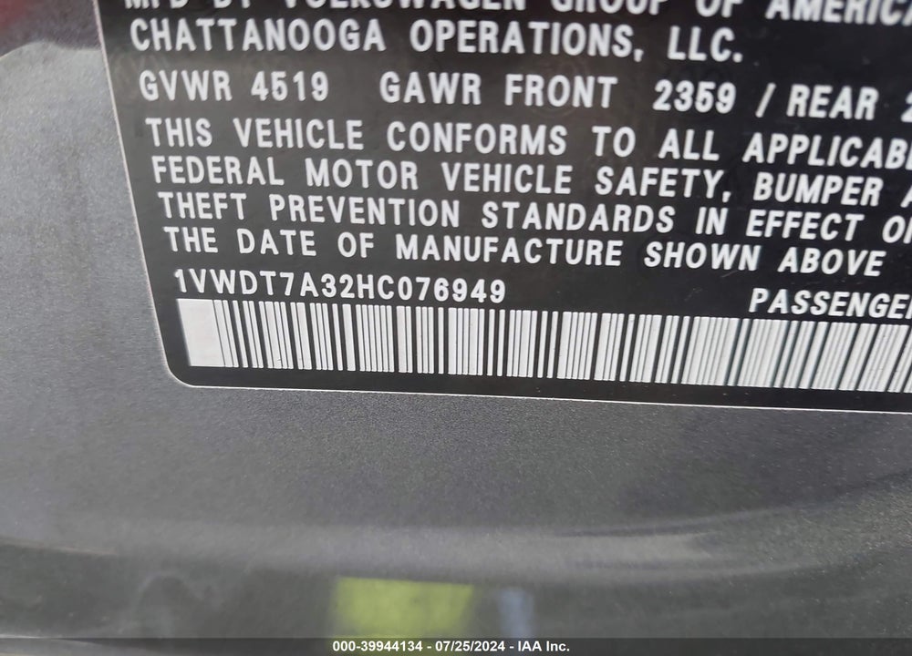 2017 VOLKSWAGEN PASSAT 1.8T R-LINE VIN: 1VWDT7A32HC076949