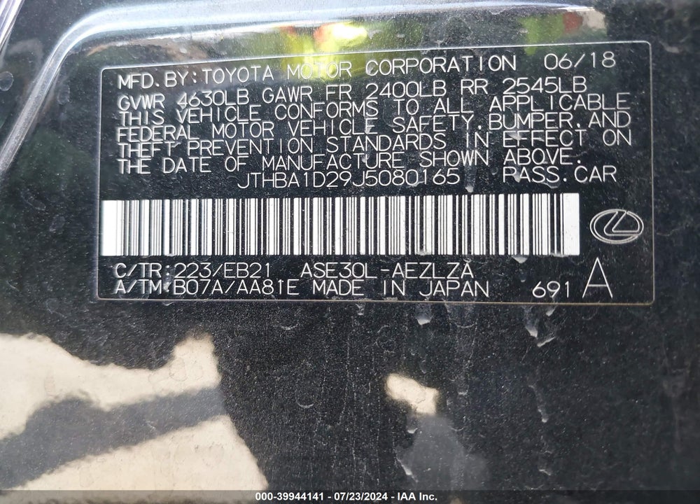 2018 LEXUS IS 300 VIN: JTHBA1D29J5080165