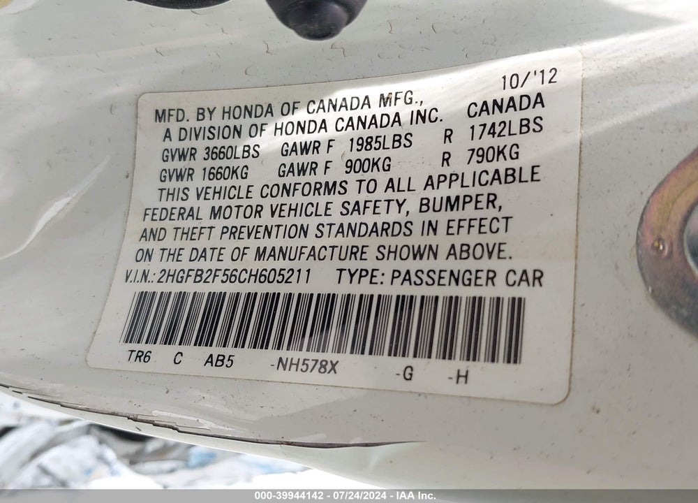 2012 HONDA CIVIC VIN: 2HGFB2F56CH605211