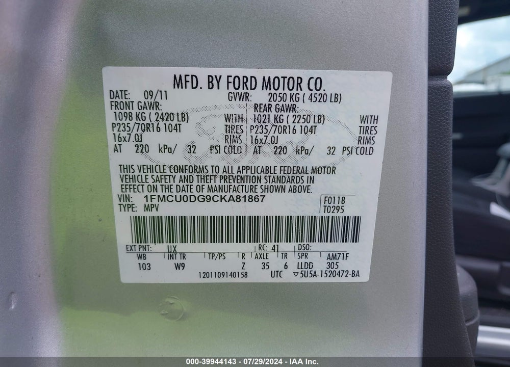 2012 FORD ESCAPE XLT VIN: 1FMCU0DG9CKA81867