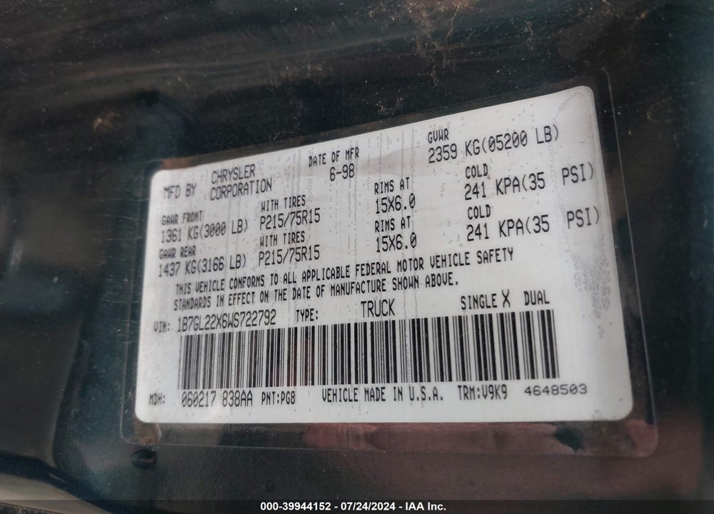 1998 DODGE DAKOTA SLT/SPORT VIN: 1B7GL22X6WS722792