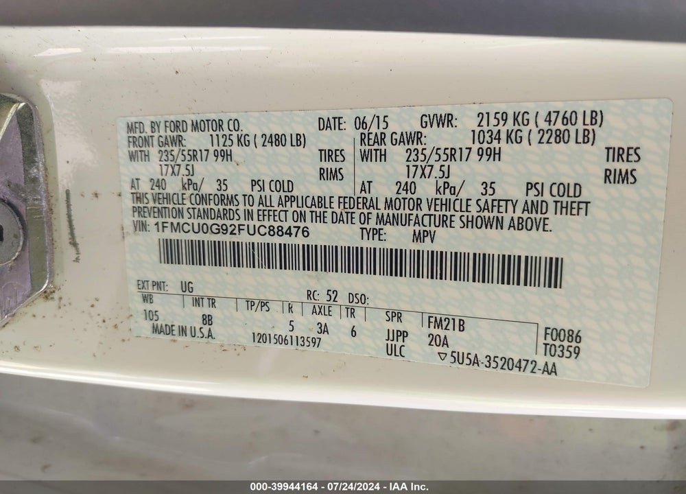 2015 FORD ESCAPE SE VIN: 1FMCU0G92FUC88476