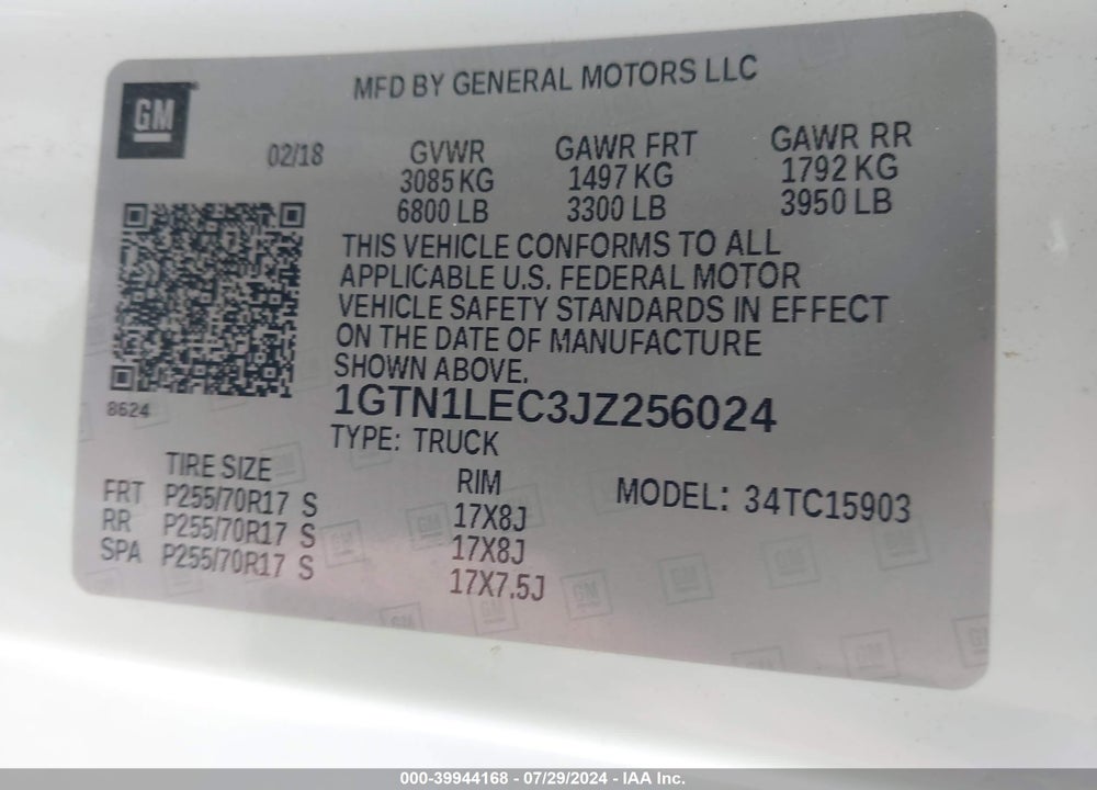 2018 GMC SIERRA 1500 VIN: 1GTN1LEC3JZ256024