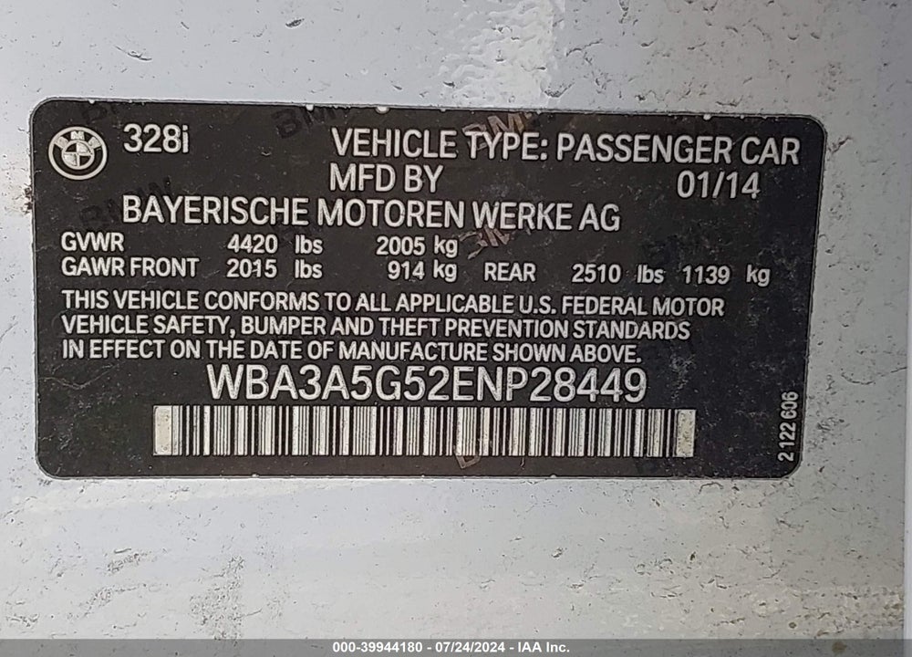 2014 BMW 328I VIN: WBA3A5G52ENP28449