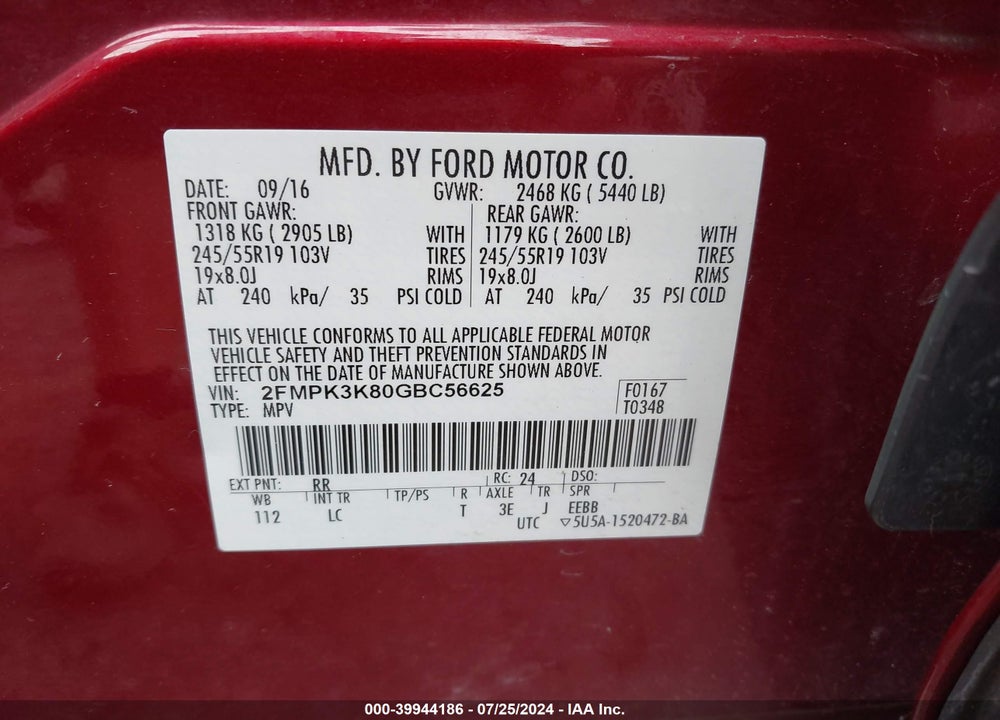 2016 FORD EDGE TITANIUM VIN: 2FMPK3K80GBC56625