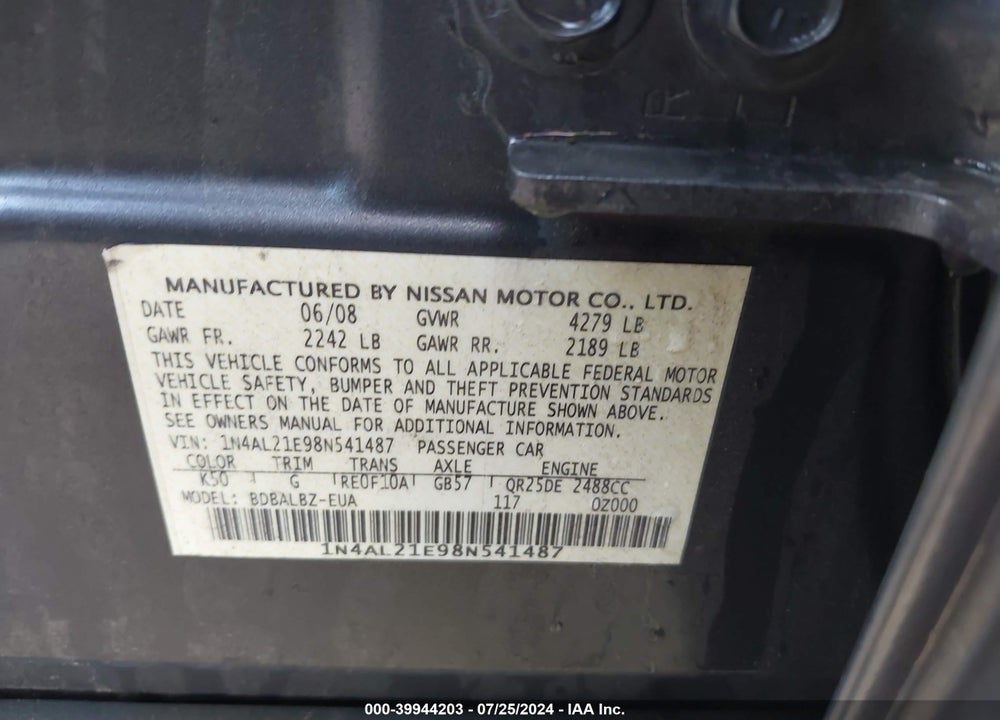 2008 NISSAN ALTIMA 2.5 S VIN: 1N4AL21E98N541487