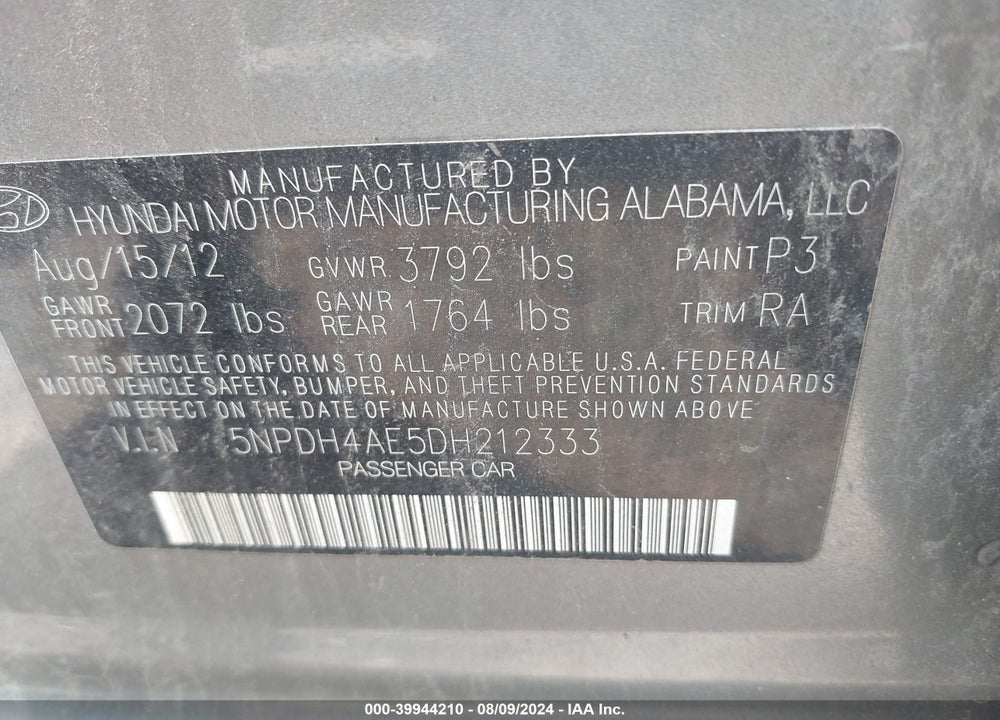 2013 HYUNDAI ELANTRA GLS VIN: 5NPDH4AE5DH212333