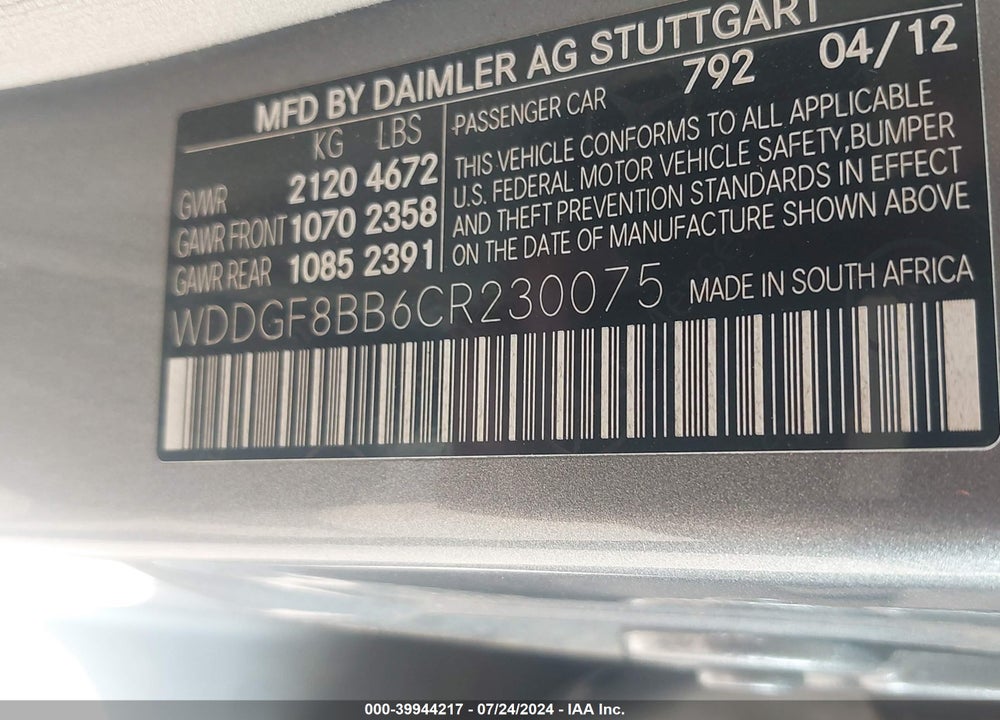 2012 MERCEDES-BENZ C 300 VIN: WDDGF8BB6CR230075