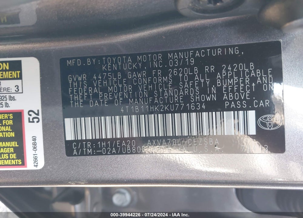 2019 TOYOTA CAMRY SE VIN: 4T1B11HK2KU771634