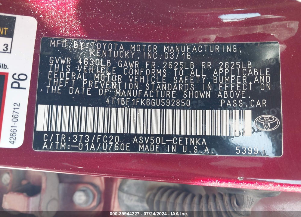 2016 TOYOTA CAMRY VIN: 4T1BF1FK6GU592850