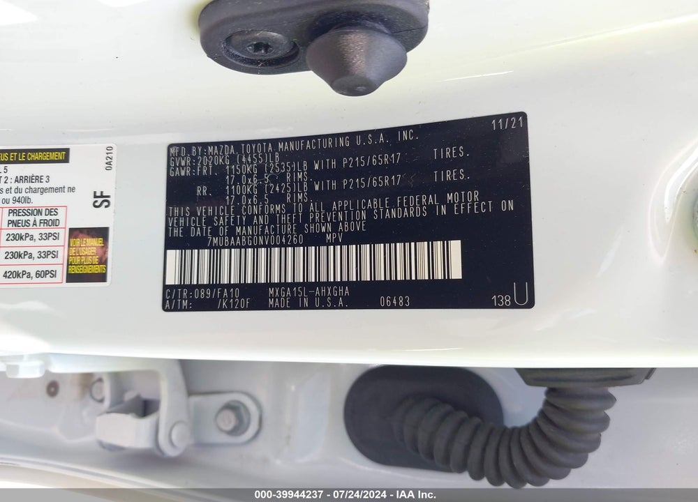 2022 TOYOTA COROLLA CROSS LE VIN: 7MUBAABG0NV004260