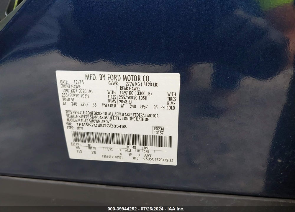 2016 FORD EXPLORER XLT VIN: 1FM5K7D88GGB85498
