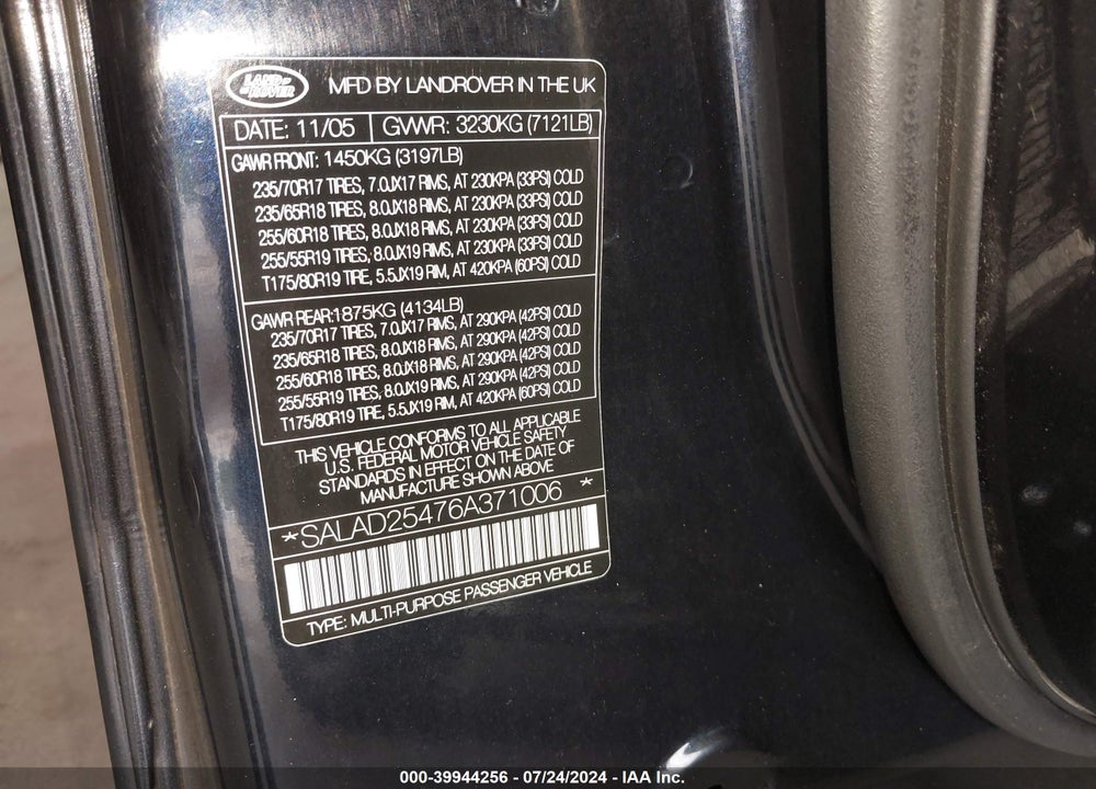2006 LAND ROVER LR3 V8 SE VIN: SALAD25476A371006