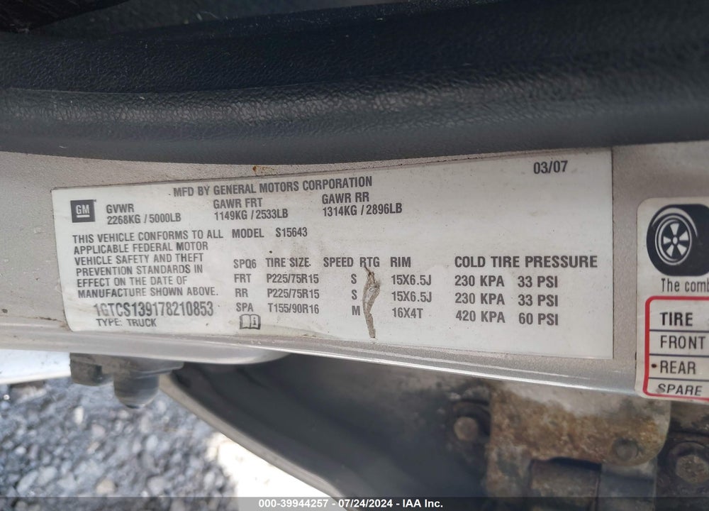 2007 GMC CANYON SLE1 VIN: 1GTCS139178210853