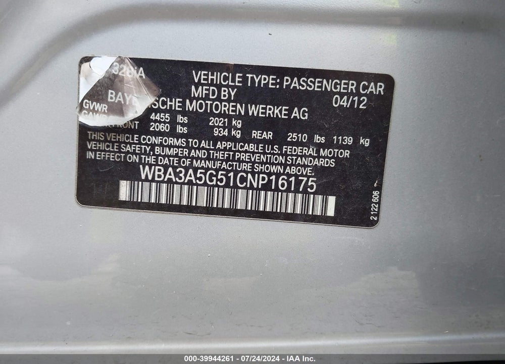 2012 BMW 328I VIN: WBA3A5G51CNP16175