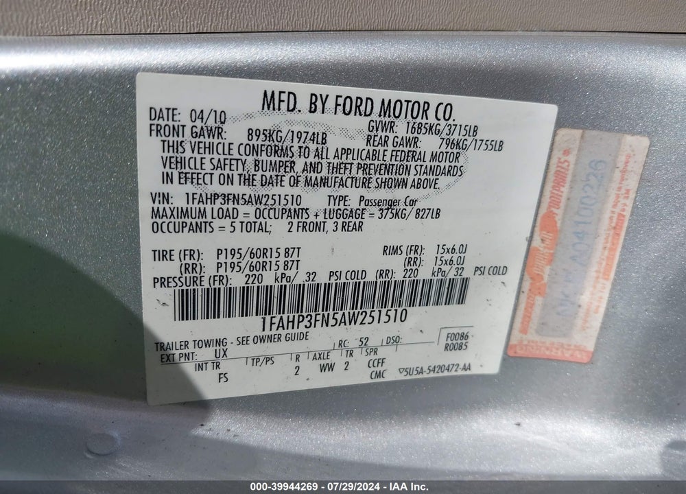 2010 FORD FOCUS SE VIN: 1FAHP3FN5AW251510