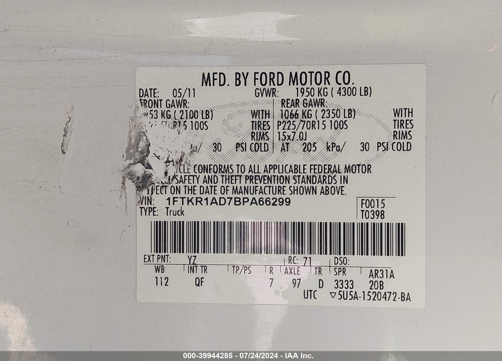 2011 FORD RANGER XL VIN: 1FTKR1AD7BPA66299