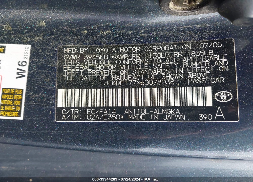 2006 SCION TC VIN: JTKDE177X60078038