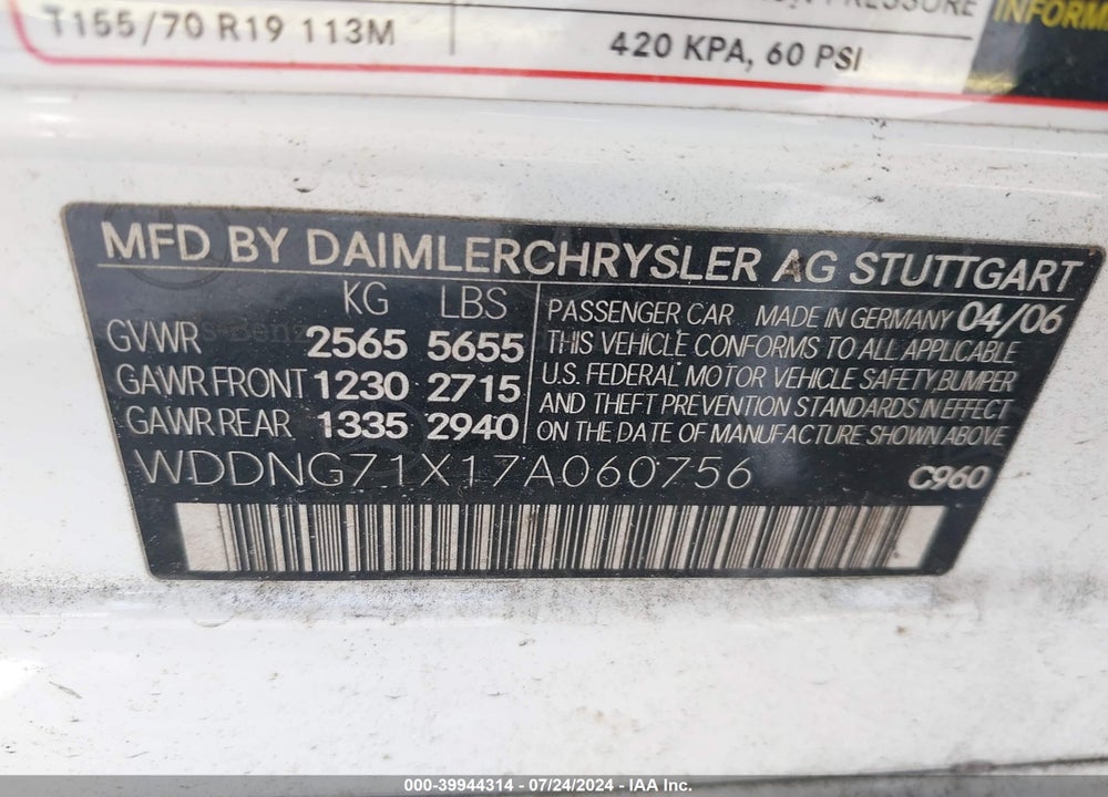 2007 MERCEDES-BENZ S 550 VIN: WDDNG71X17A060756