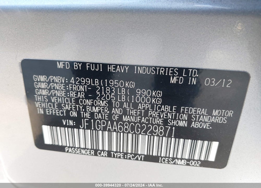2012 SUBARU IMPREZA 2.0I VIN: JF1GPAA68CG229871