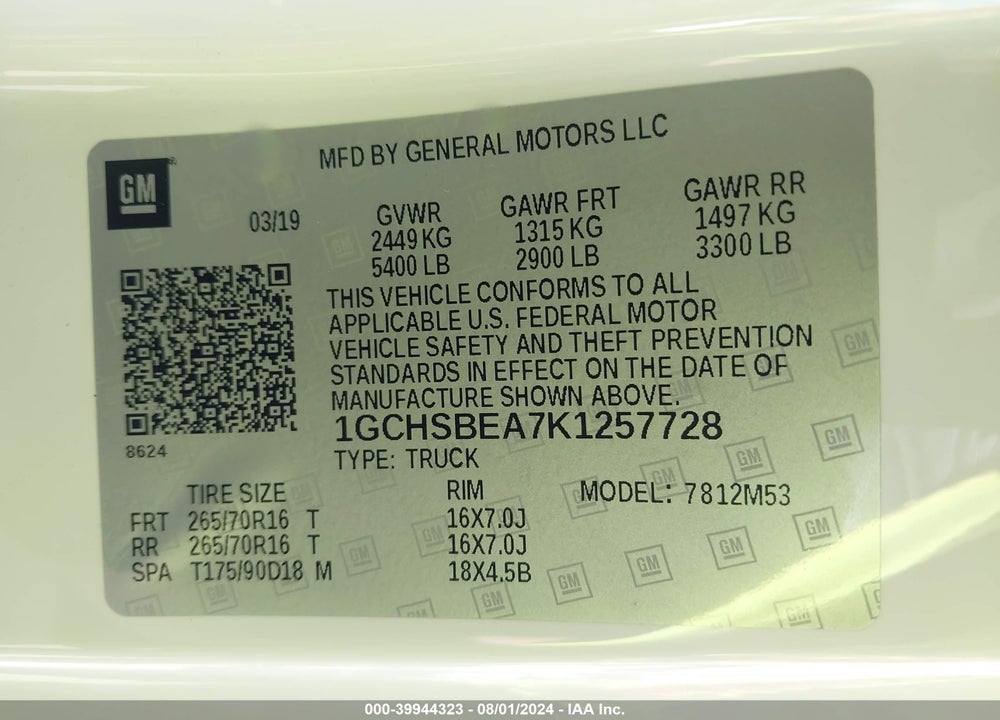 2019 CHEVROLET COLORADO WT VIN: 1GCHSBEA7K1257728