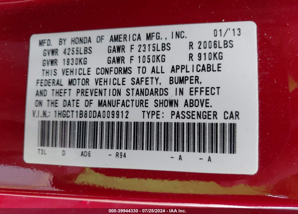 2013 HONDA ACCORD EX-L VIN: 1HGCT1B80DA009912