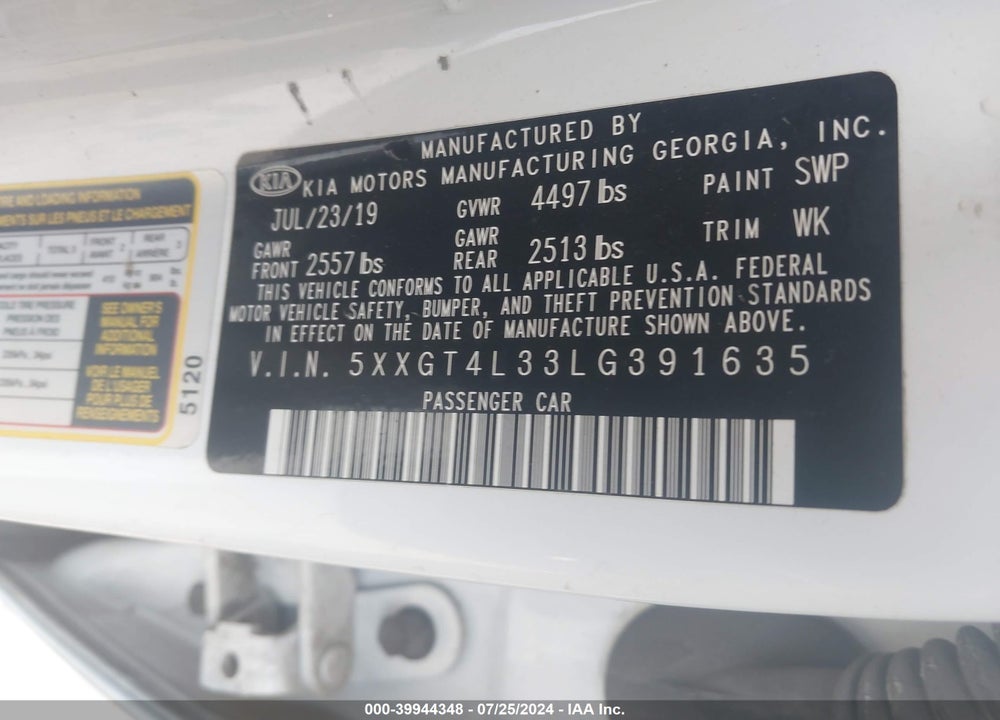 2020 KIA OPTIMA LX VIN: 5XXGT4L33LG391635