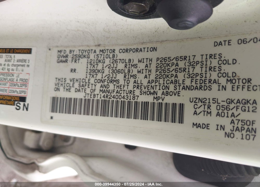 2004 TOYOTA 4RUNNER SR5 SPORT V8/SR5 V8 VIN: JTEBT14R240043187